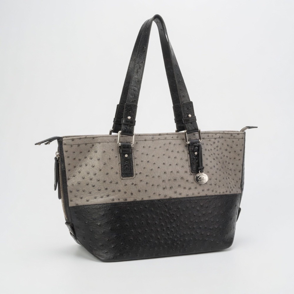 Brahmin Ostrich Embossed Leather Tote Bag Grey Black Two Tone Shoulder Bag